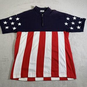 VTG J Riggings Shirt Mens Medium USA Flag Red White Blue Polo Half Zip Patriotic